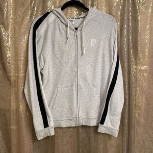 PINK Victorias Secret Gray Black White Stripe Full Zip Hoodie, L flawed